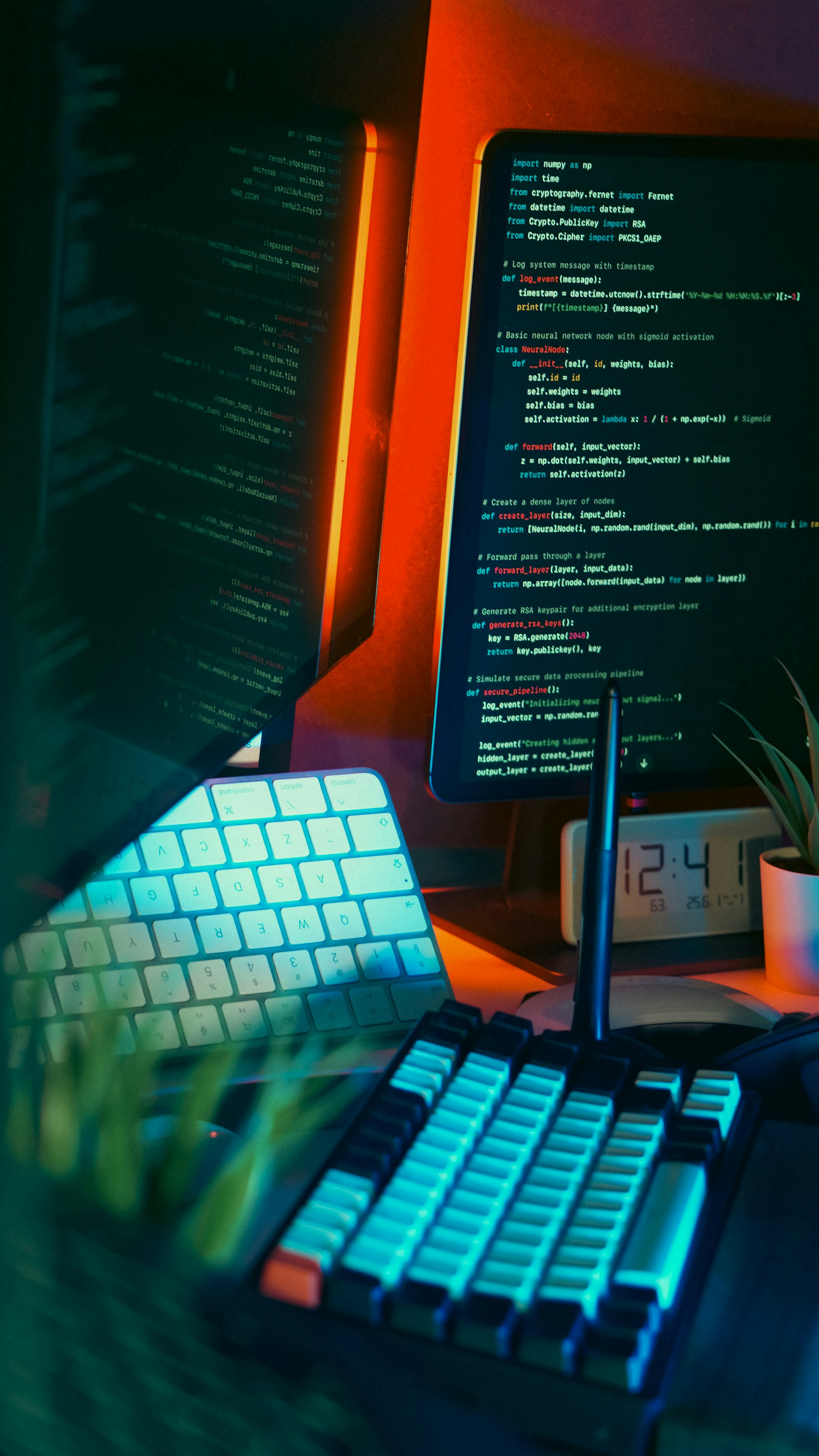 Technology workspace with code displayed on multiple screens